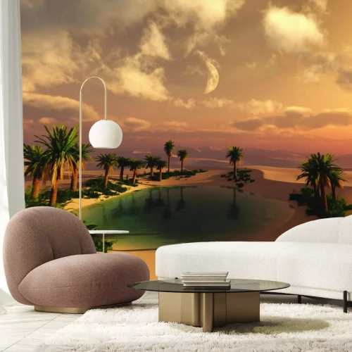 Fototapete Tropische Wüste mit Palmen und Wasser