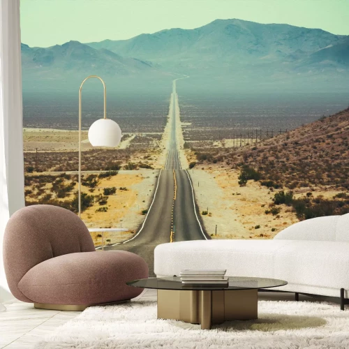 Fototapete Asphaltstraße zwischen Wüstenvegetation