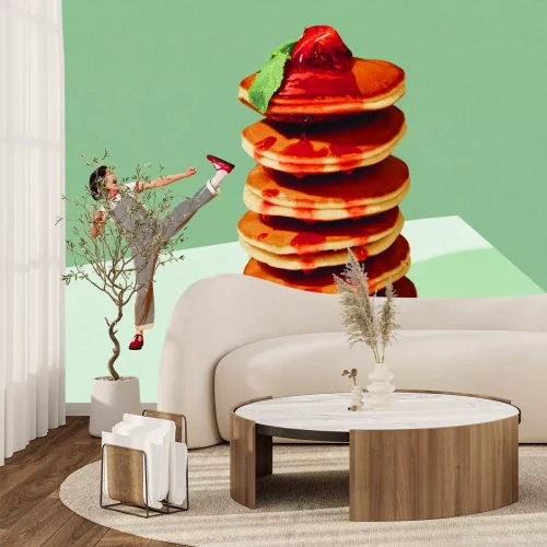 Fototapete Frau, die Pfannkuchen nach oben wirft