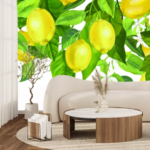 Fototapete Zitronen an einem belaubten Baum mit Blüten