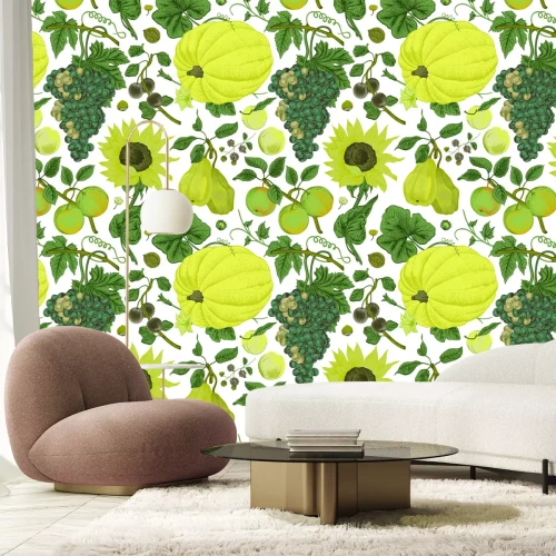 Fototapete Kürbisse unter Trauben und Sonnenblumen