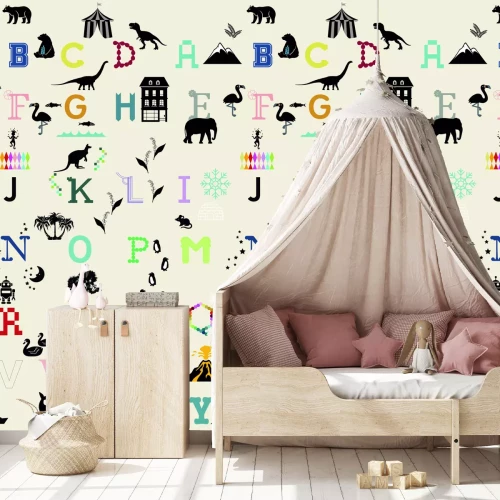 Fototapete Bunte Buchstaben des Alphabets mit Natur-Icons