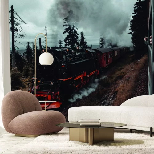 Fototapete Lokomotive auf den Gleisen im Wald