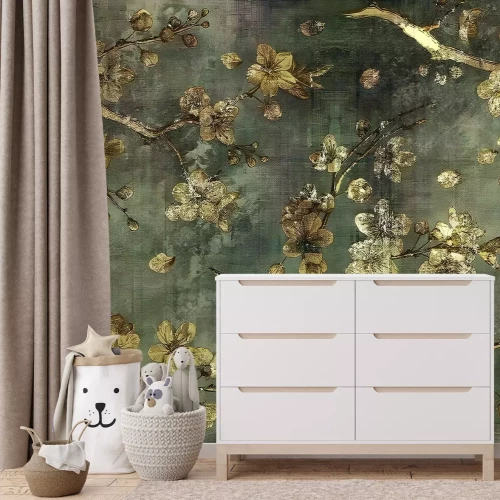 Fototapete Grauer Beton mit goldenen Blumen