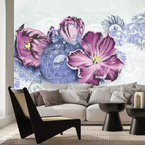 Fototapete Alte Uhr zwischen rosa Blumen