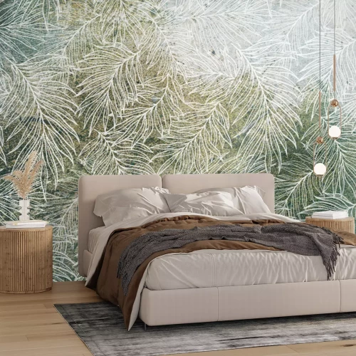 Fototapete Weißer Blätterskizze auf grünem Hintergrund