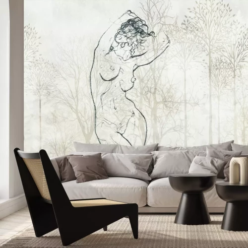 Fototapete Sinnliche Frau vor einem Waldhintergrund