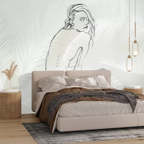 Fototapete Skizze einer Frau zwischen Palmenblättern