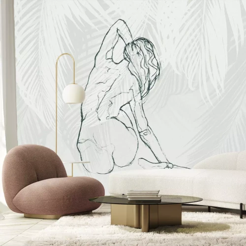 Fototapete Skizze einer zarten Frau vor einem Blätterhintergrund