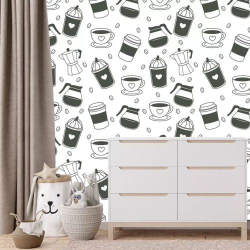 Fototapete Kaffeemuster mit Bohnen und eleganten Tassen