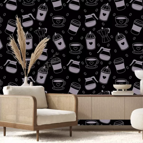 Fototapete Kaffeemuster mit Bohnen und eleganten Tassen