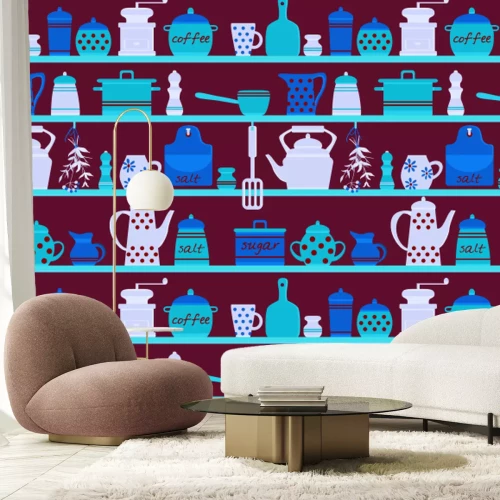 Fototapete Regale mit Porzellankrügen und Kaffee