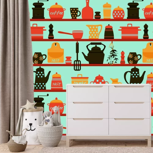 Fototapete Regale mit Porzellankrügen und Kaffee