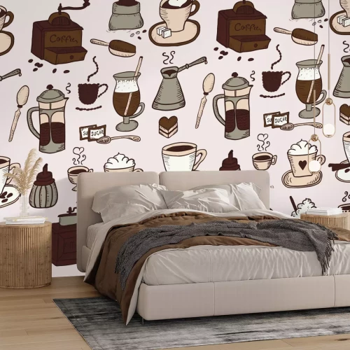 Fototapete Kaffeemuster mit Tassen und Mühlen