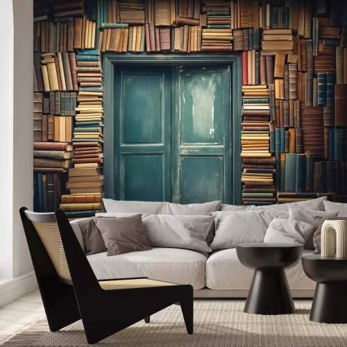 Fototapete Alte Tür an einer Wand mit Büchern