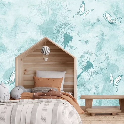 Fototapete Löwenzahn im Wind mit Schmetterlingen