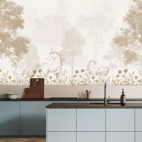 Fototapete Magischer Wald mit Einhörnern und Blumen