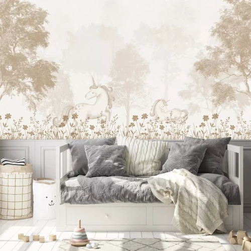 Fototapete Magischer Wald mit Einhörnern und Blumen