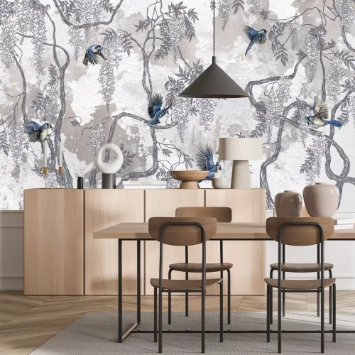 Fototapete Blühende Bäume mit Vögeln auf Beton