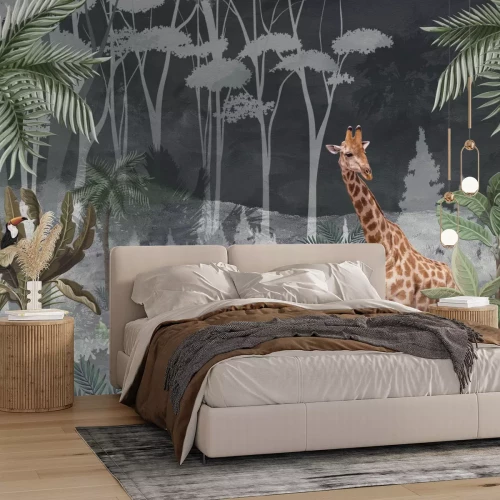 Fototapete Giraffe im tropischen Dschungel zwischen Palmen