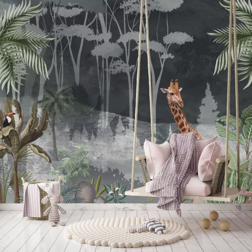 Fototapete Giraffe im tropischen Dschungel zwischen Palmen
