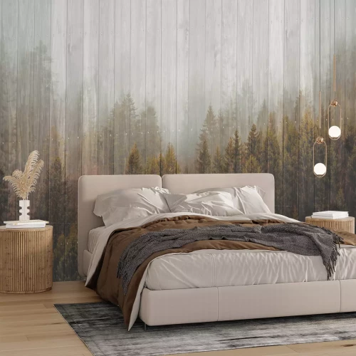 Fototapete Nadelwald auf Holzdielen