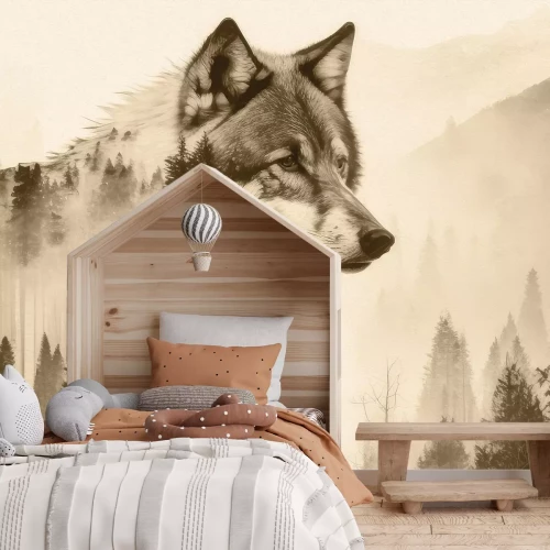 Fototapete Wolf im Bergwald