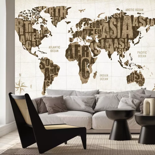 Fototapete Weltkarte mit Beschriftungen und einem Kompass