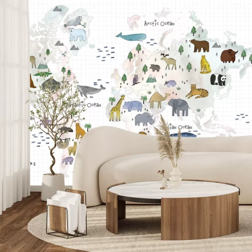 Fototapete Weltkarte mit Tieren für Kinder