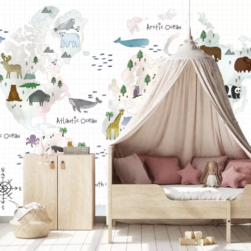Fototapete Weltkarte mit Tieren für Kinder