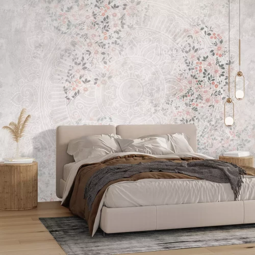 Fototapete Mandala auf hellem Hintergrund zwischen Blumen