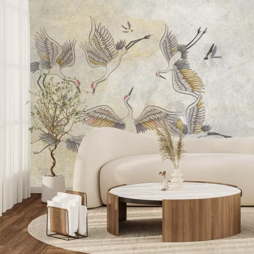 Fototapete Fliegende Kraniche auf Beton