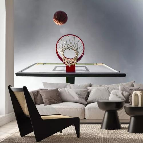 Fototapete Ball, der vor dem Himmel zum Korb fliegt