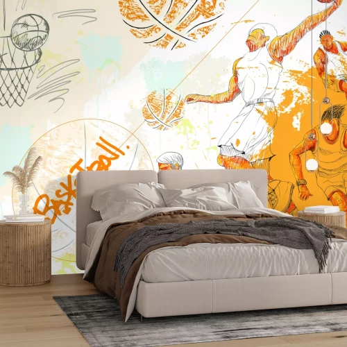 Fototapete Zeichnung mit Basketballspielern und Bällen