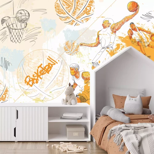 Fototapete Zeichnung mit Basketballspielern und Bällen