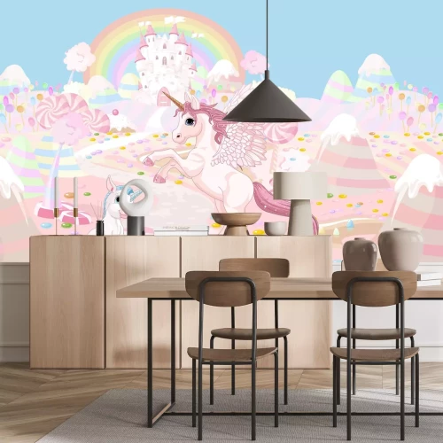 Fototapete Märchenhafter Einhorn vor dem Hintergrund einer Burg und eines Regenbogens