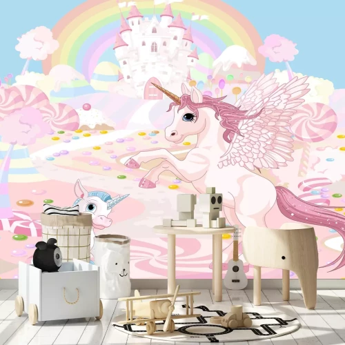 Fototapete Märchenhafter Einhorn vor dem Hintergrund einer Burg und eines Regenbogens