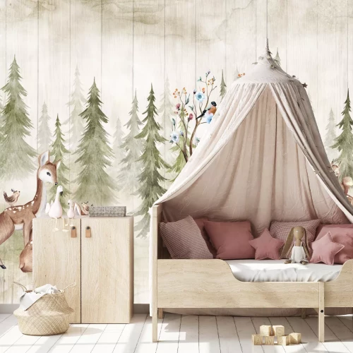 Fototapete Reh mit mit Blumen geschmückten Geweihen vor Waldblick