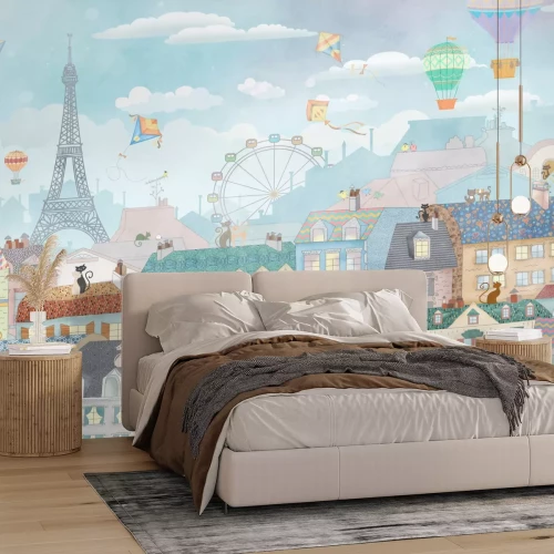 Fototapete Märchenstadt mit dem Eiffelturm und Ballons
