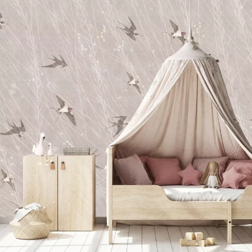Fototapete Fliegende Vögel auf beigem Hintergrund