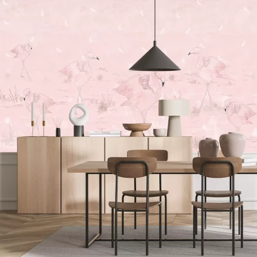 Fototapete Rosa Flamingos auf einer Lichtung mit Libellen