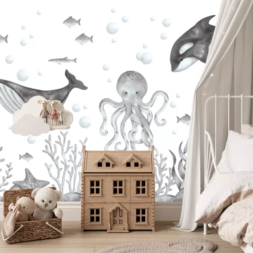 Fototapete Schwarz-weiß Illustration von einem Wal und einem Oktopus