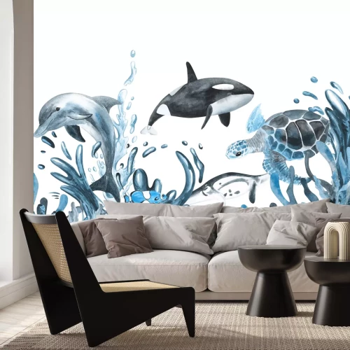 Fototapete Sumpfschildkröte und Delfin zwischen der Vegetation