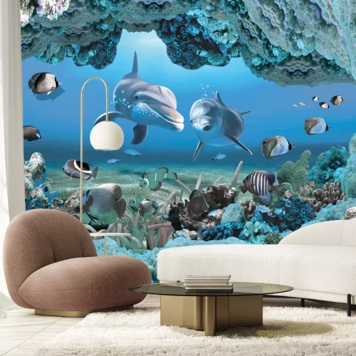 Fototapete Delfine zwischen Korallenriffen und Fischen