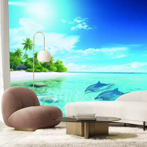 Fototapete Tropische Insel mit Delfinen