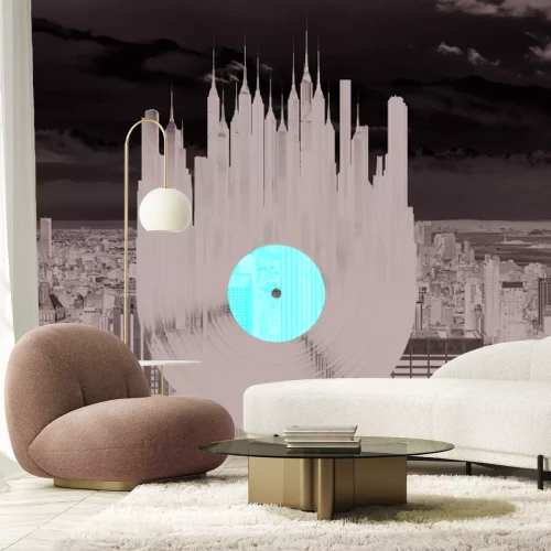 Fototapete Abstrakte Vinylplatte vor der Kulisse einer Metropole