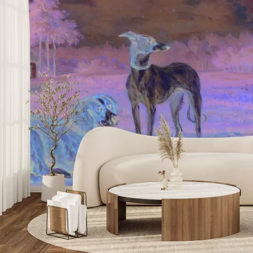 Fototapete Gemalter ländlicher Landschaft mit Hunden