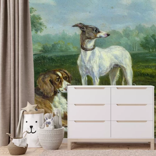 Fototapete Gemalter ländlicher Landschaft mit Hunden