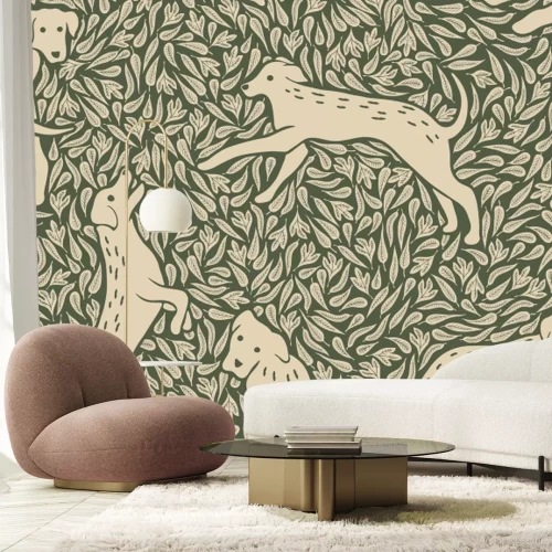 Fototapete Botanisches Muster mit Hunden und Grünpflanzen