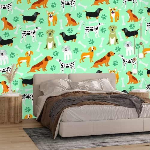 Fototapete Zeichnung mit verschiedenen Hunden und Knochen